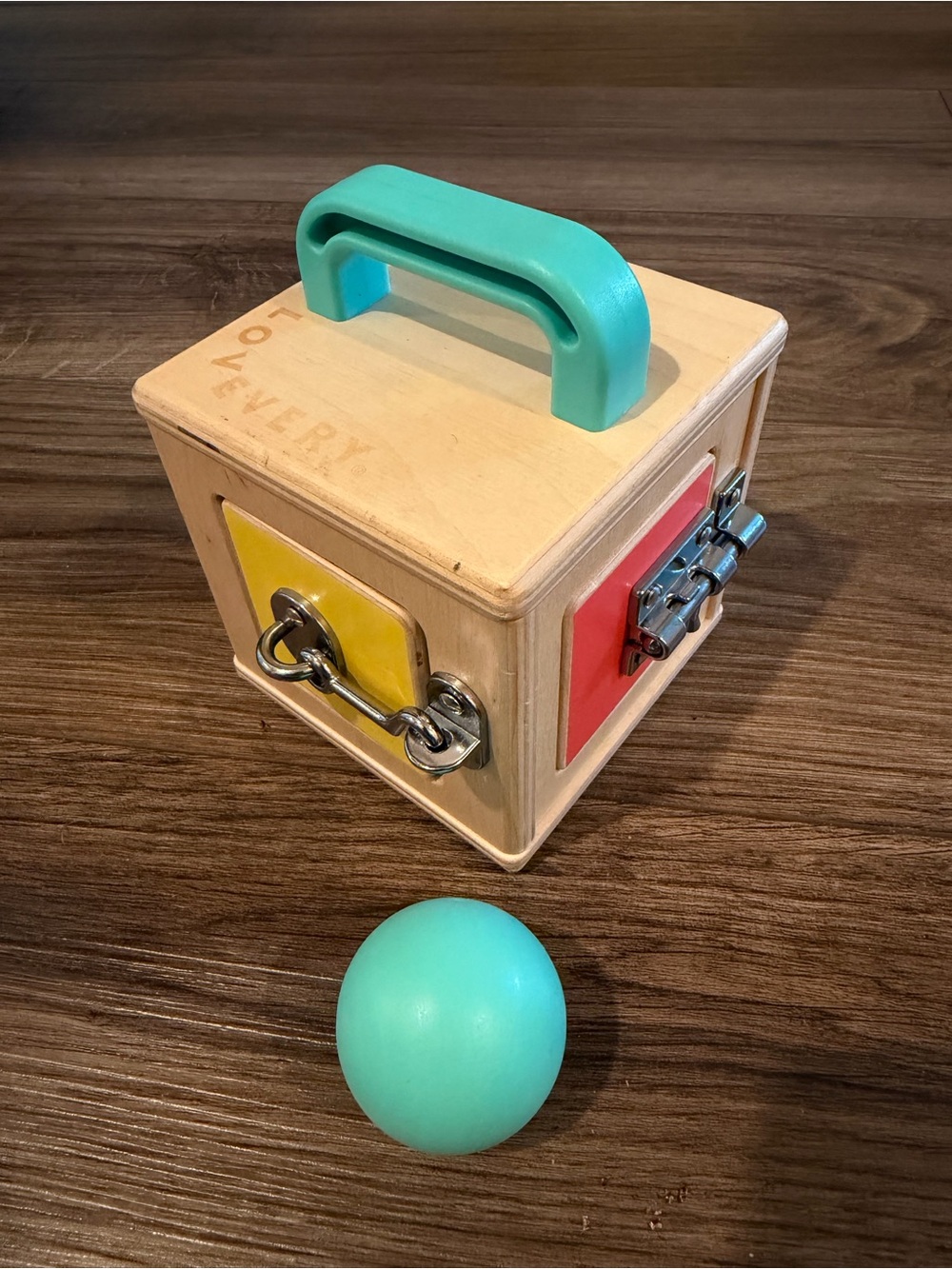 Lovevery wooden Activity Lock Box with Teal Handle and Ball - Kids Toys